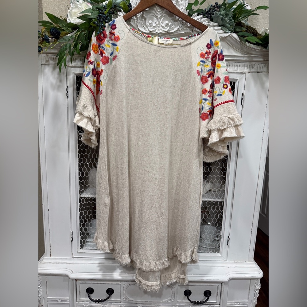 Umgee Beige Dress with Floral Accents